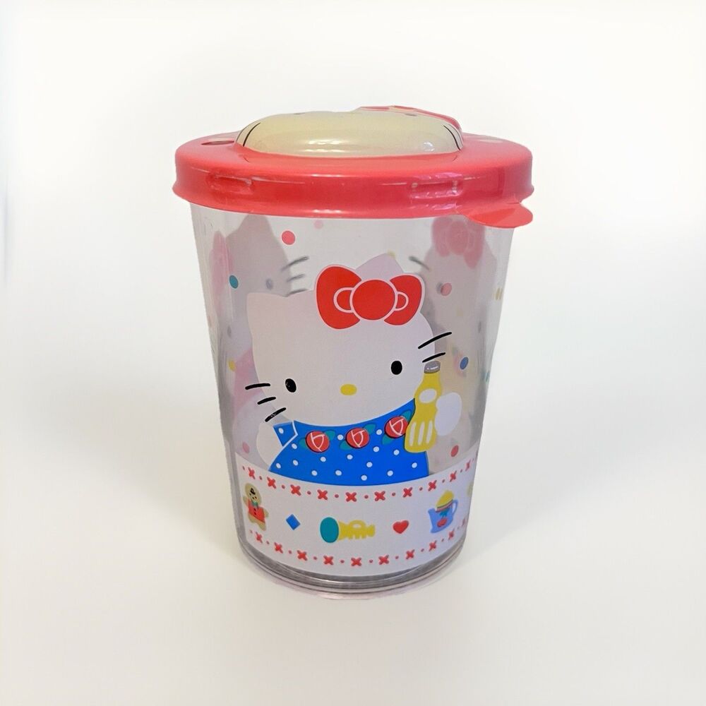 Sanrio Hello Kitty Vintage 1987 Plastic Kids Lidded Cup w/Straw Hole